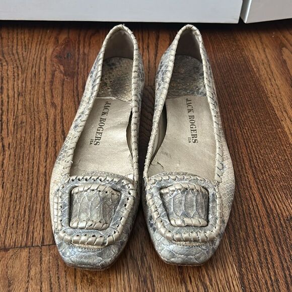 Jack Rogers Belle Buckle Python Printed Leather Flats Size 9.5 Cream Python - Picture 2 of 5
